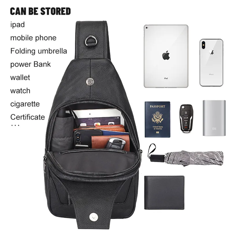 Men's Leather Chest Bag Fashion Top Layer Cowhide Casual Messenger Bag Male Black Leather Shoulder Bag Large-Capacity Sport Bag
