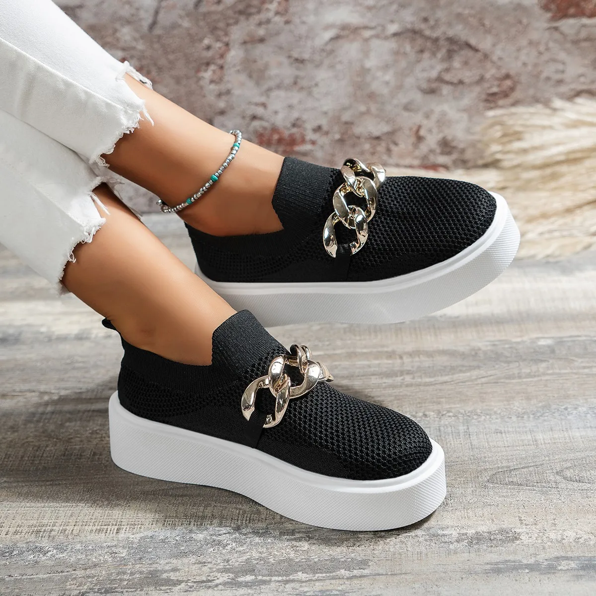 Women Shoes 2023 Casual Shoes Women Metal Chain Loafers Fashion Sneakers Flats Women Platform Plus Size  Zapatillas Mujer