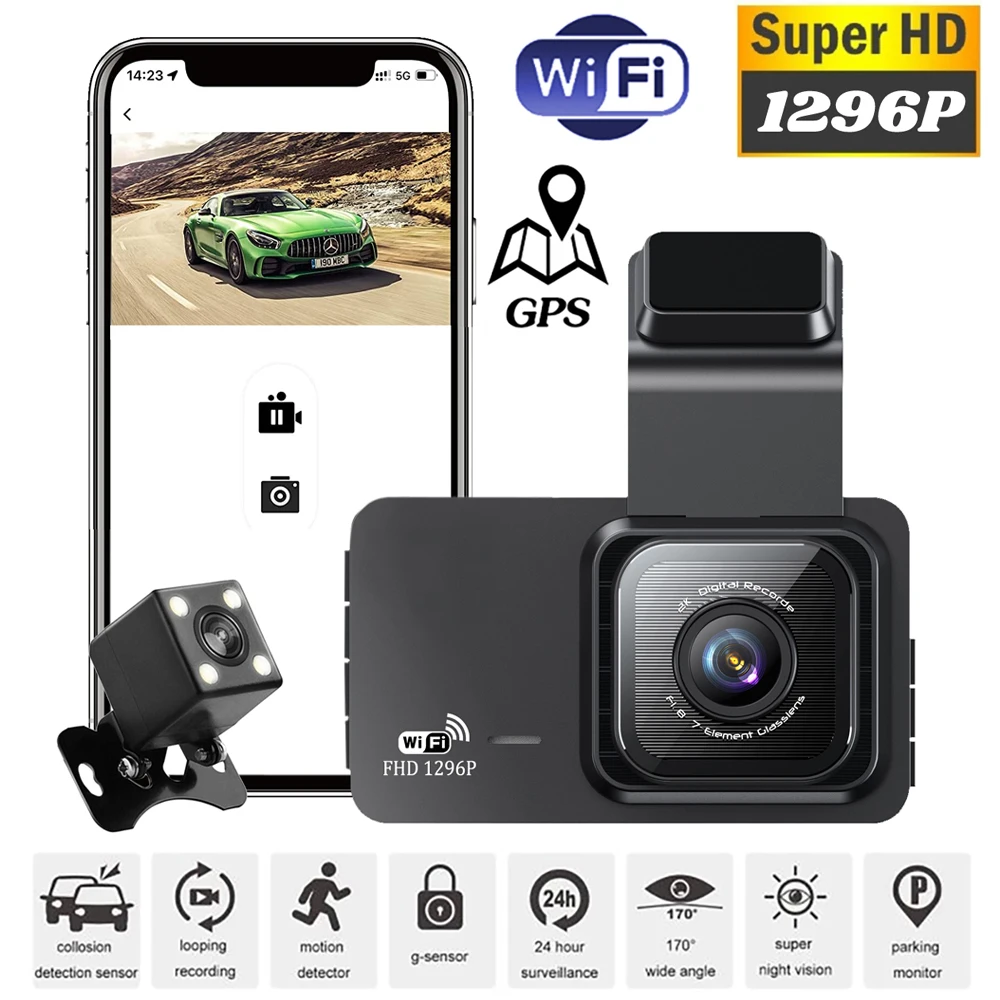 

Dash Cam Front and Rear Camera WiFi GPS CAR DVR 1296P HD Drive Video Recorder Vehicle Black Box Night Vision Parking Monitor