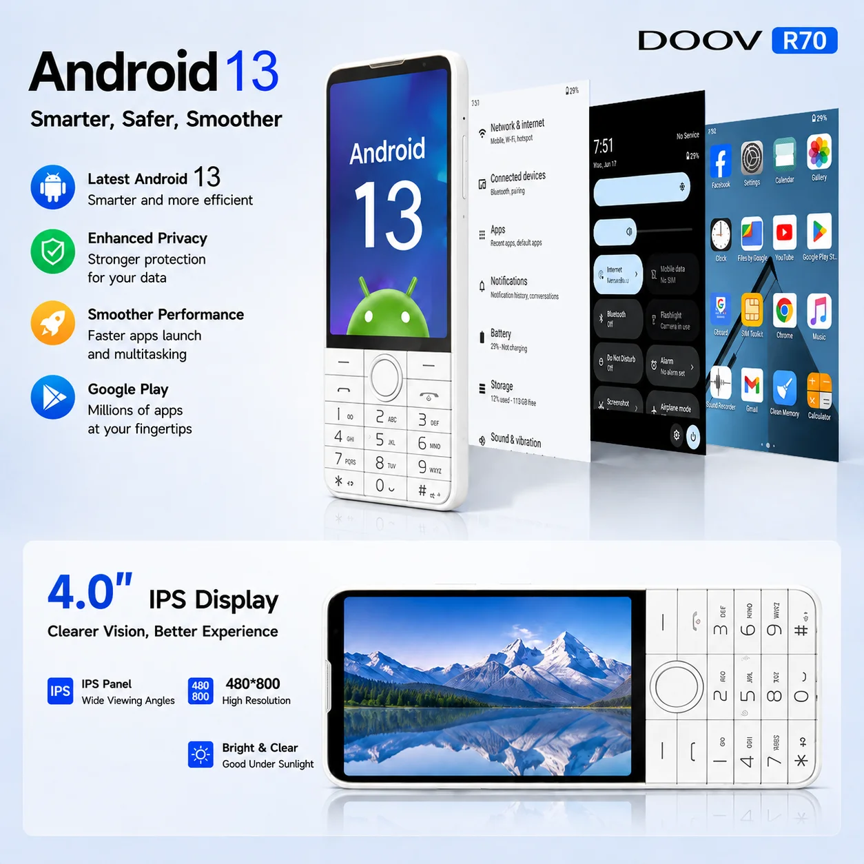 Фото DOOV R70 Mini Android 13 4G смартфон с двумя SIM-картами, без камеры, с поддержкой Google Play, сенсорным экраном и клавиатурой. №4