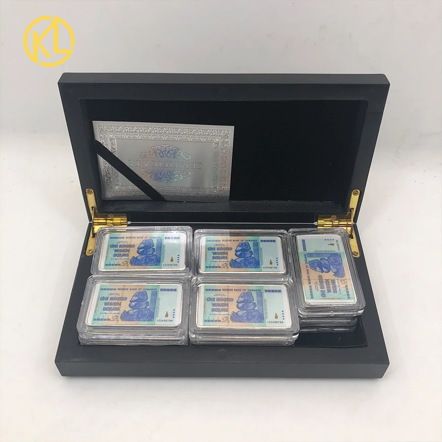 

10/15 pcs inside Blue Silver 100 Trillion Dollars Zimbabwe Metal Bar With Nice Box and Certificates for Collection