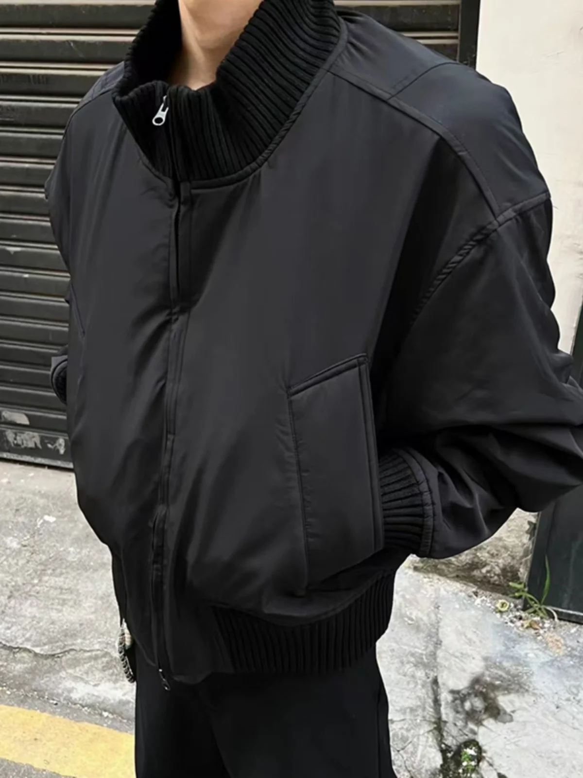 Cleanfit Black Short Profile Cotton-padded jacket Outerwear Men's Autumn and Winter High Sense Bomber jacket Stand Collar Bas...