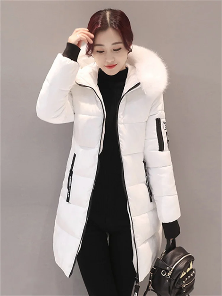 

Coat Women White M-4XL Fur Collar Hooded Cotton Jackets 2022 Autumn Winter New Korean Slim Fashion Thick Warmth Parkas Feminina