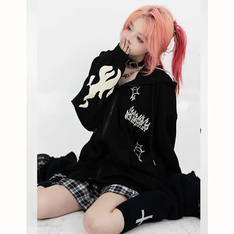 

2022 уличная Ретро толстовка на молнии с вышивкой крестиком худи Готический Графический Свитшот пальто для мужчин и женщин свободная повседн...