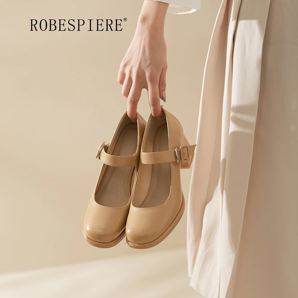 

ROBESPIERE-One Word Buckle Leather Women's Shoes Spring 2022 New Thick Heels High Heels Shallow Mouth Mary Jane Shoes-A253