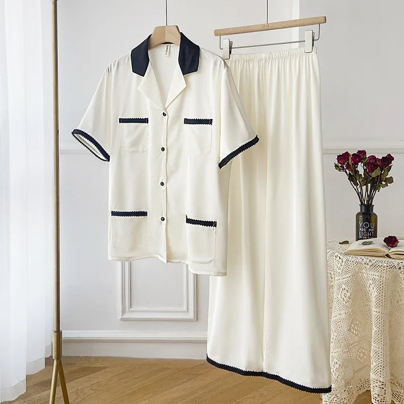 

Sexy White High-Grade Ice Silk Satin Women Sleepwear Short Sleeve Shirt Pants 2Pcs Homewear Female Pajamas Set