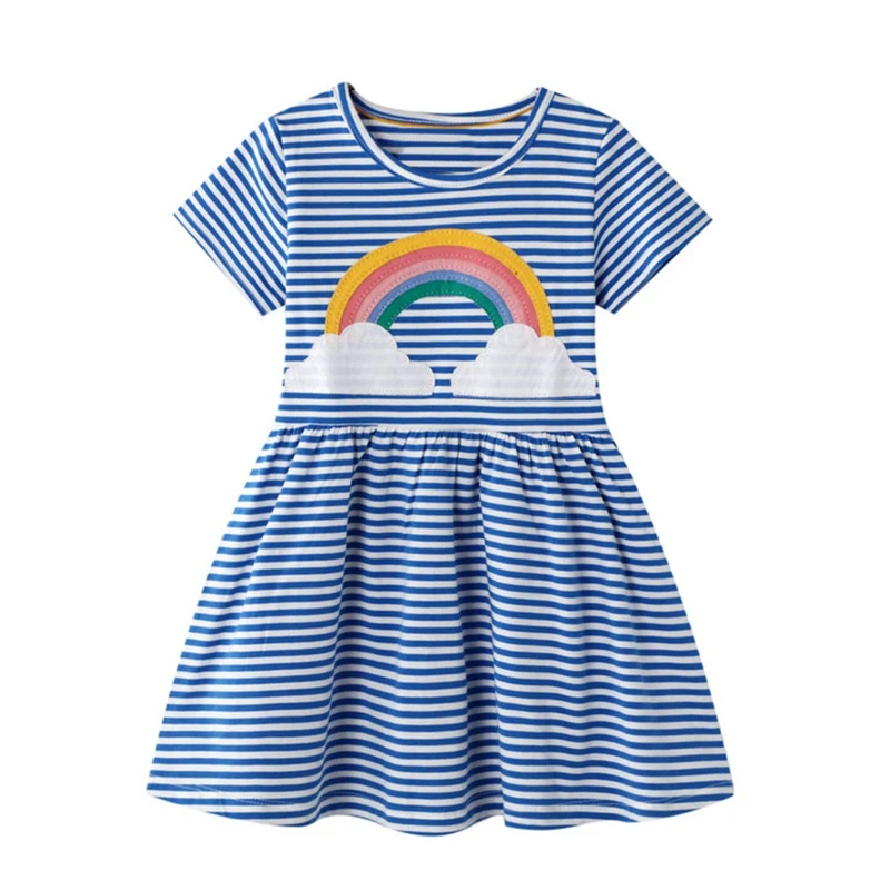 

Summer Girl Dress Cotton Blue White Striped Dress Rainbow Applique Short Sleeves New Princess Summer Clothing 2-7T