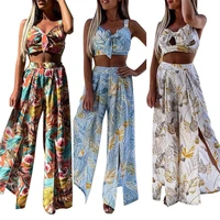 2022 summer women fashion 2 pieces clothes set sexy bohemian floral sleeveless crop tops and loose slit wide leg pants suits