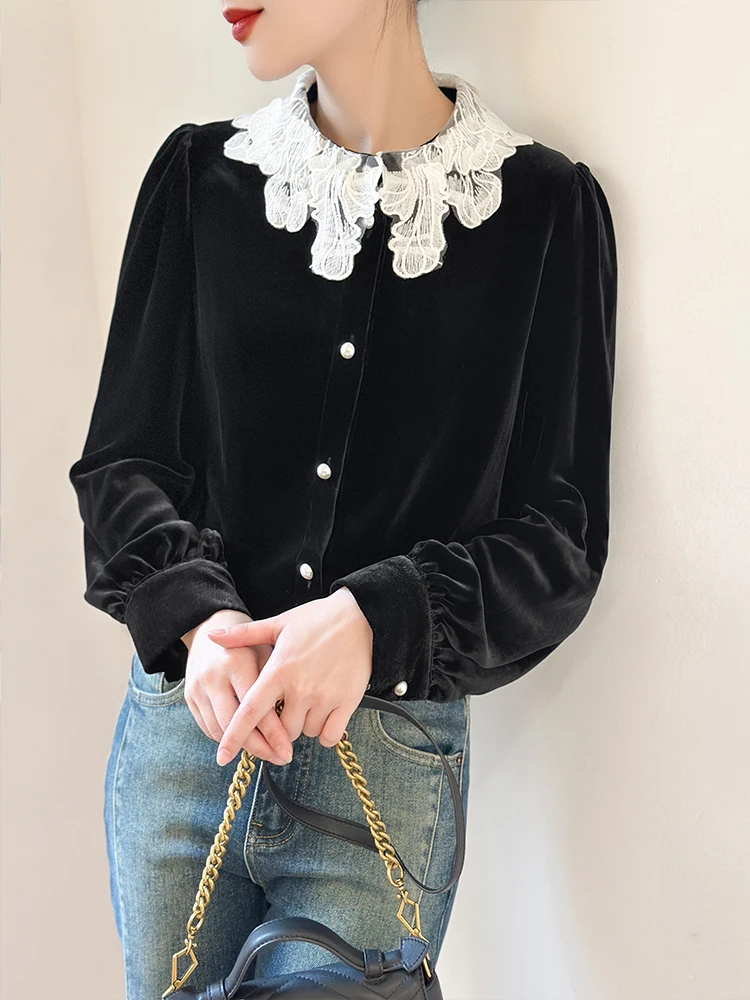 Женские шелковые бархатные рубашки с жемчужной пряжкой высококачественные