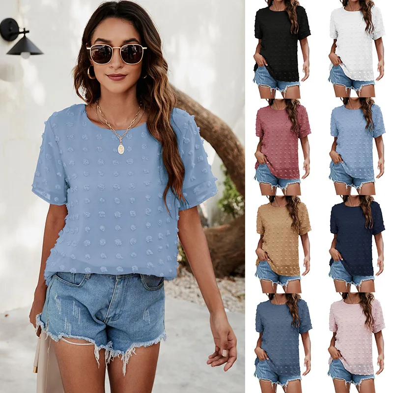 

2021 Women's Summer New Hair Ball Embroidery Chiffon Lining Comfortable Lightweight Round Neck Pullover Short Sleeve Top