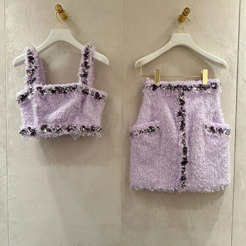 

Bead Skirt Women Pink Suspender Top / Mini Skirt / Cardigan