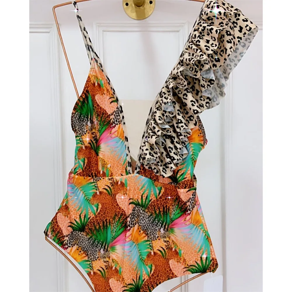 

Новый слитный купальник с леопардовым принтом в европейском и американском стиле, Цельный купальник с треугольным принтом и высокой талией