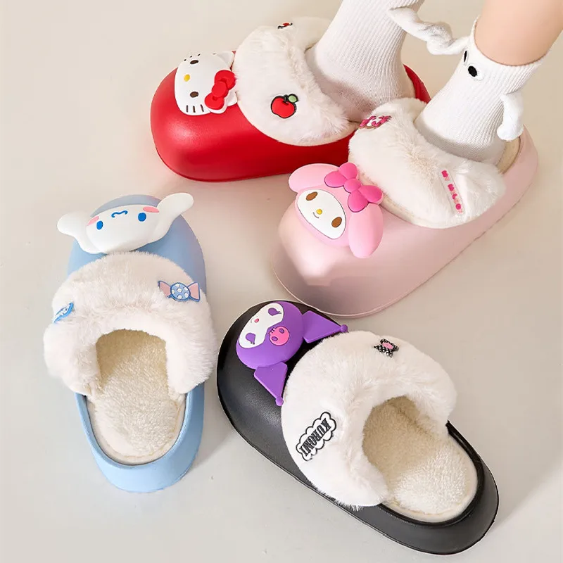 

Оригинальные Плюшевые тапочки Sanrio My Melody Cinnamoroll Kuromi Hello Kitty Kawaii, женские домашние хлопковые тапочки, теплые зимние подарок на день рождения