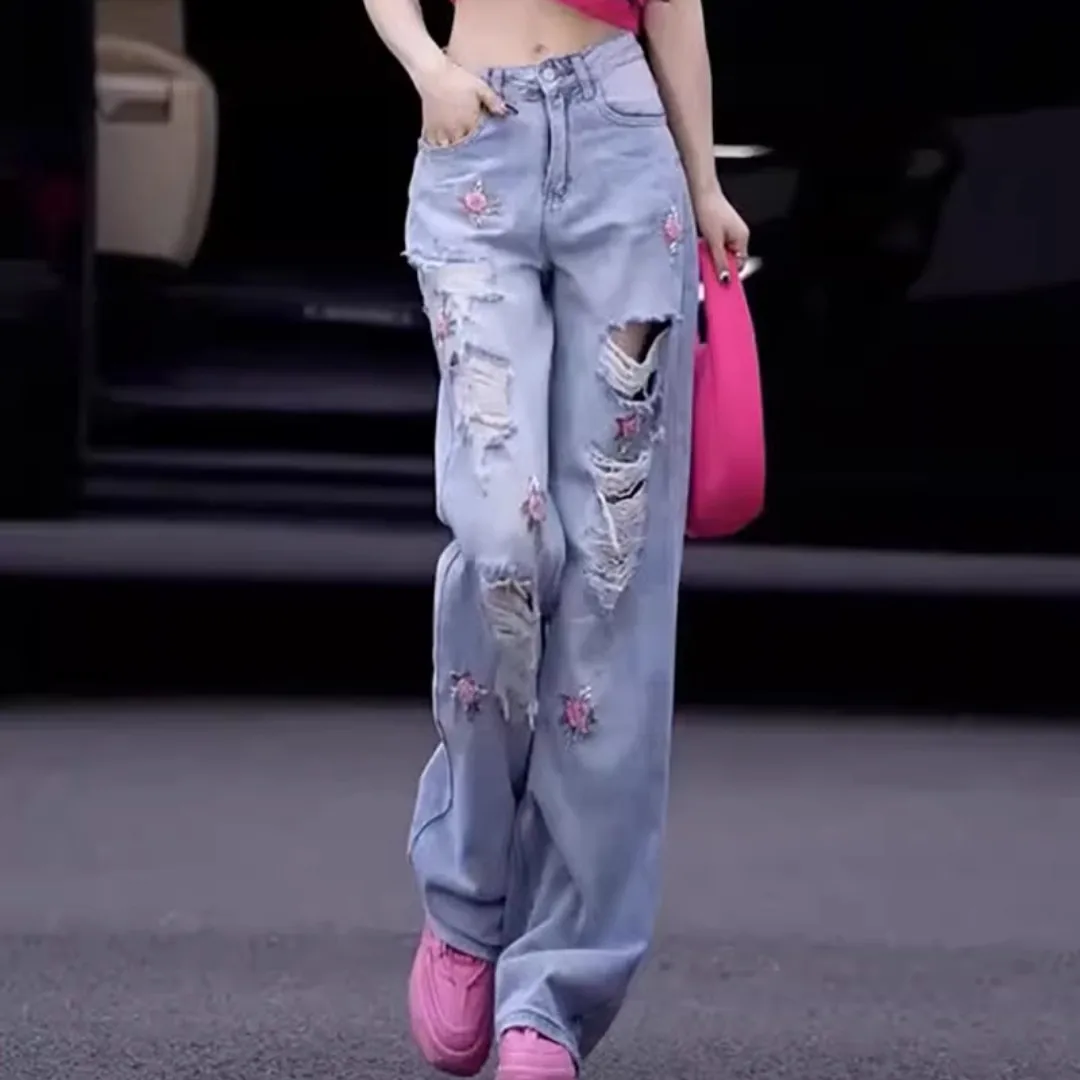 

SuperAen Heavy Embroidered Rose Ripped Jeans Women's Summer New High-waisted Loose Wide-leg Straight Pants