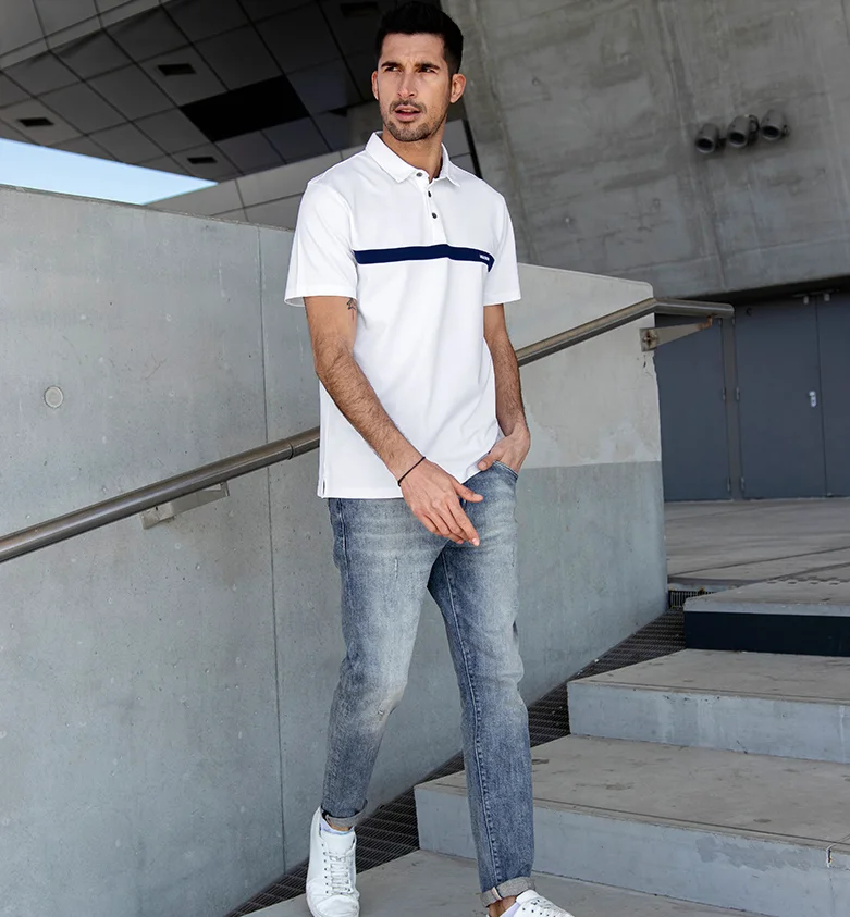 

U7667 summer new men's Polo Shirt Men's short sleeved Beaded cotton white Lapel T-shirt