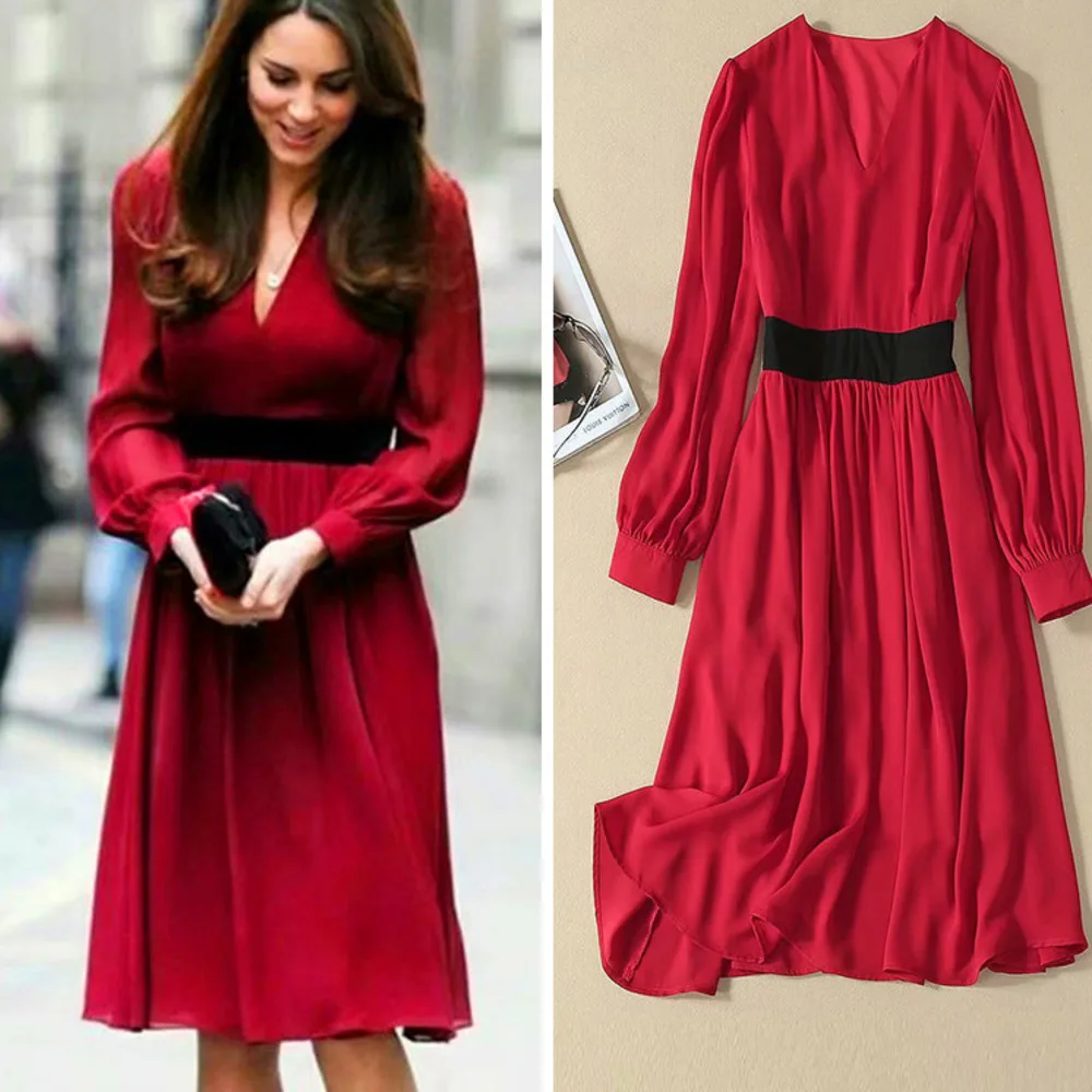 Princess Kate Middleton Dress Women Midi Knee Length High Quality V Neck Long Sleeve Pockets Spring Autumn Fall Elegant Dresses