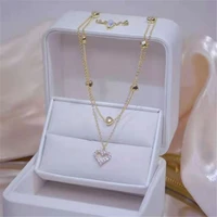 gold color double layer heart necklace shining bling aaa zircon woman clavicle chain elegant charm wedding pendant jewelry
