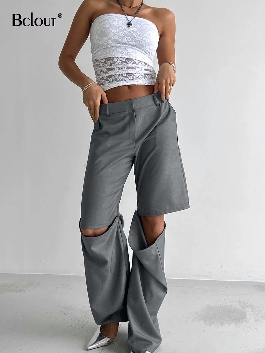 

Модные серые лоскутные брюки Bclout, женские шикарные осенние офисные пикантные длинные брюки с высокой талией, повседневные Прямые брюки с вырезами, 2023