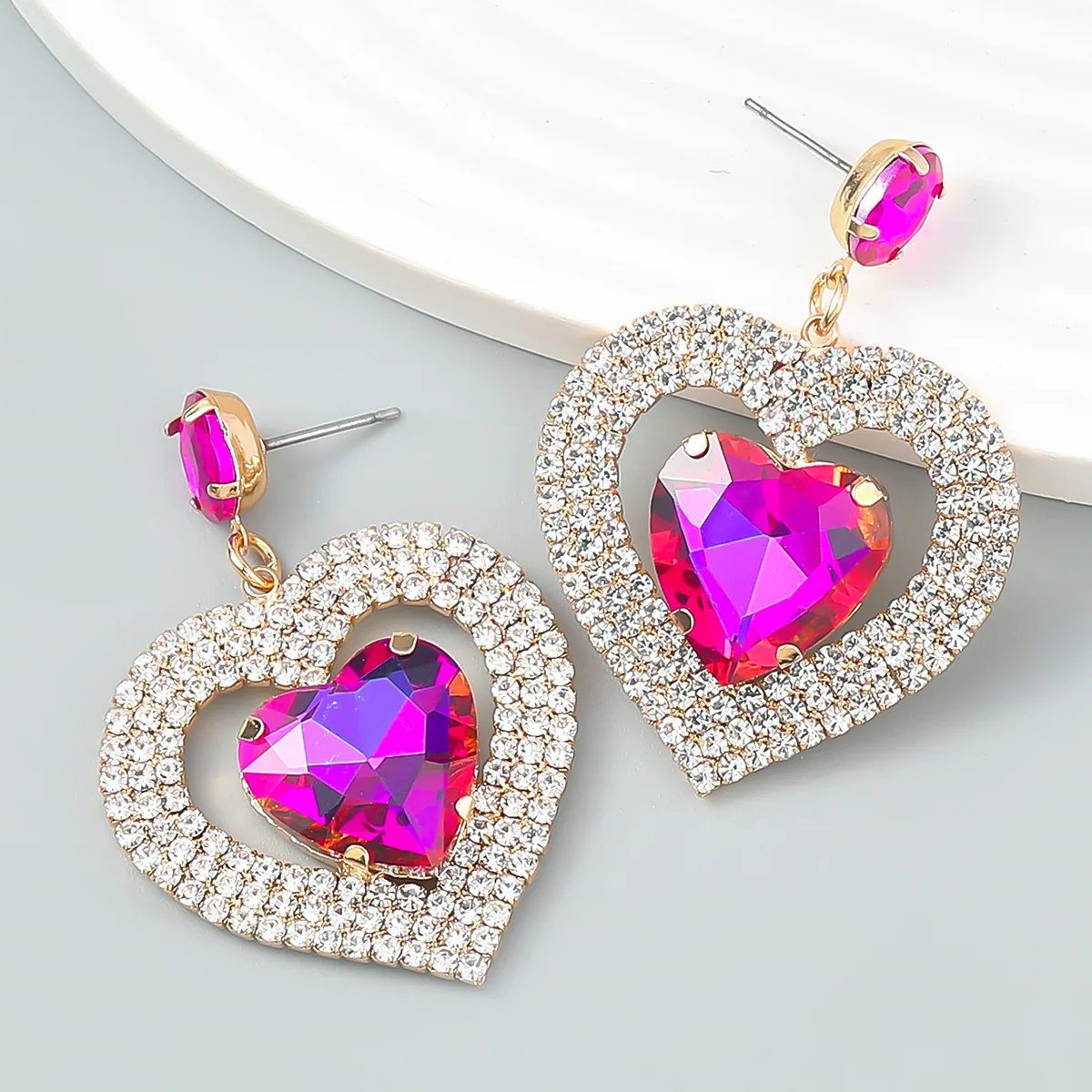 New Trend Double Layer Heart-shaped Rhinestone Earrings Women's Popular Exaggerated Dangle Banquet Jewelry Accessories |