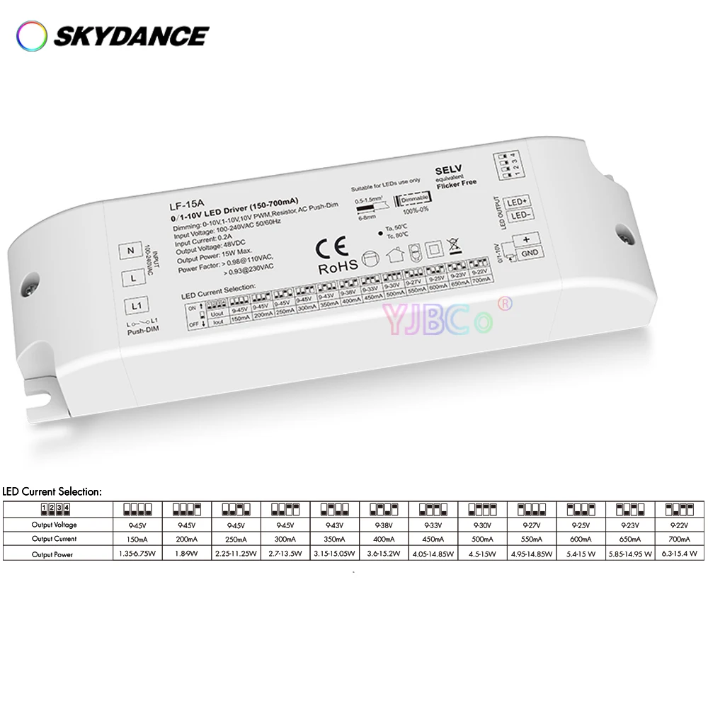 

Skydance 150-700mA 15W CC 0/1-10V Dimmable LED Driver AC110V-220V Constant Current Power Supply For Downlight Spotlight 10-45VDC