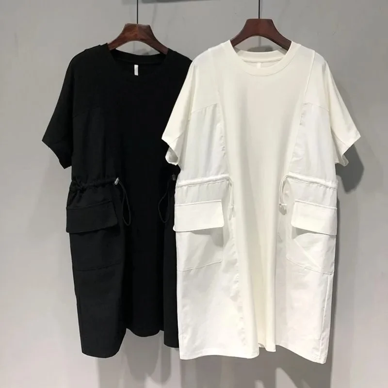 Женское платье с двойным шнурком на талии свободное коротким рукавом двойная