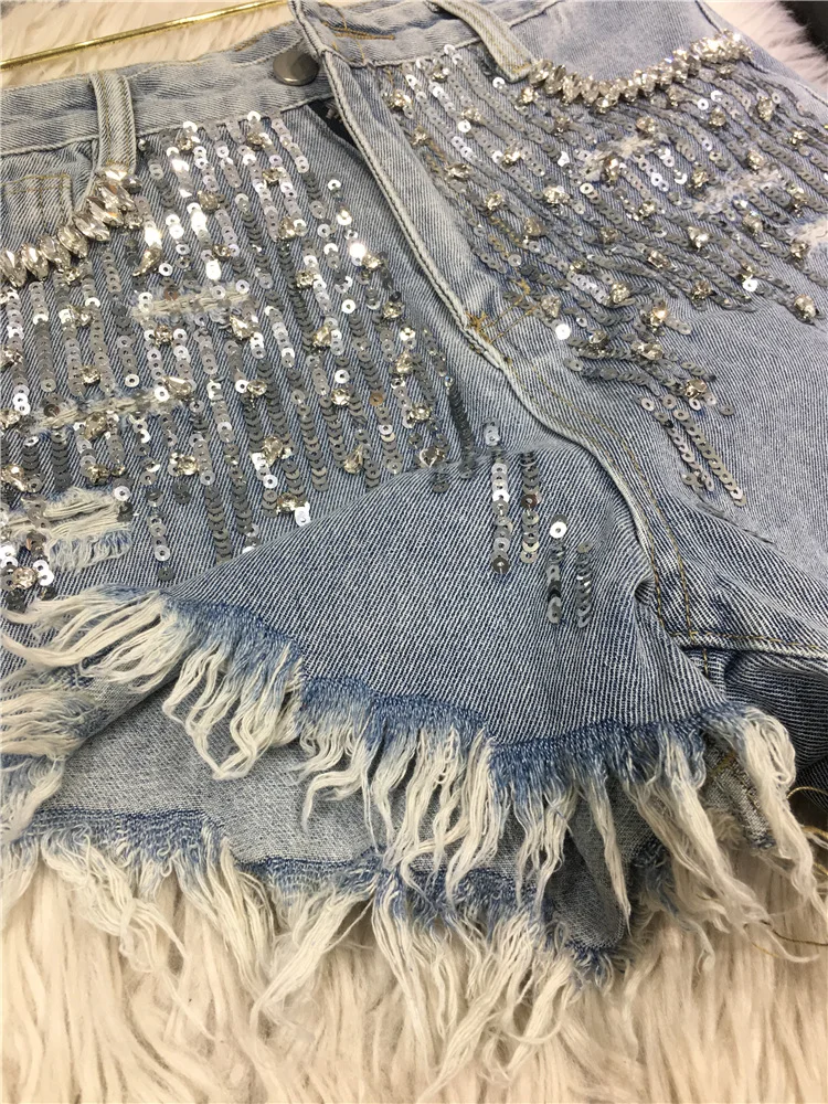 Heavy Embroidery Sequins Shorts Women's 2023 Summer New Handmade Beaded Tassel Frayed Washed Jeans Hot Girl Tight Pants Female