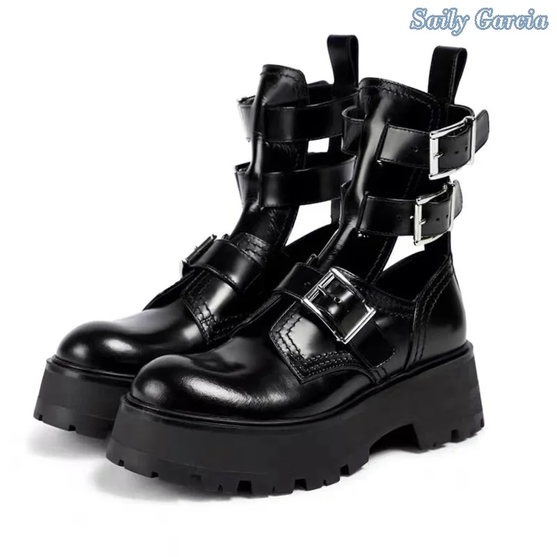 

Patent Leather Height Increasing Boots Cowskin Platform Ankle Black Autumn Buckle Concise Roman Solid New Arrival Shoes