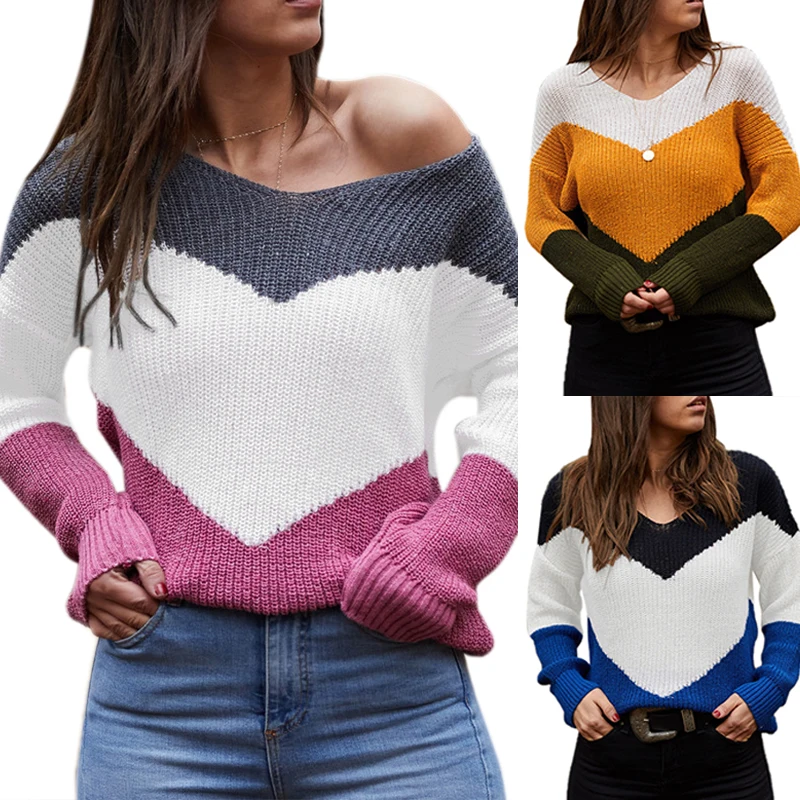 

Women's Fashion Color Matching V-Neck Long-Sleeved Loose Knit Sweater