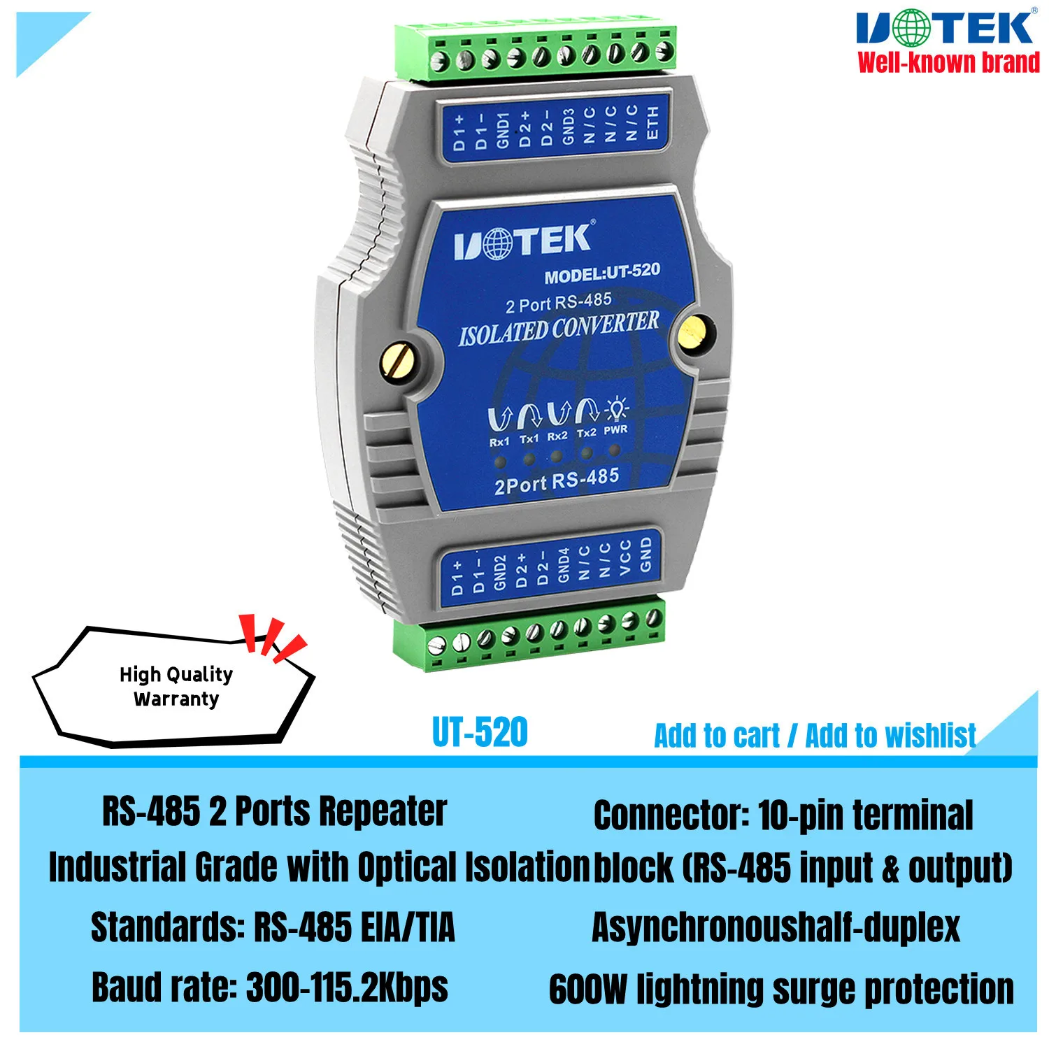 

UOTEK Industrial RS-485 2 Ports Repeater Optical Isolation RS485 Trunk Circuit Half Duplex ESD Lightning Surge Protection UT-520