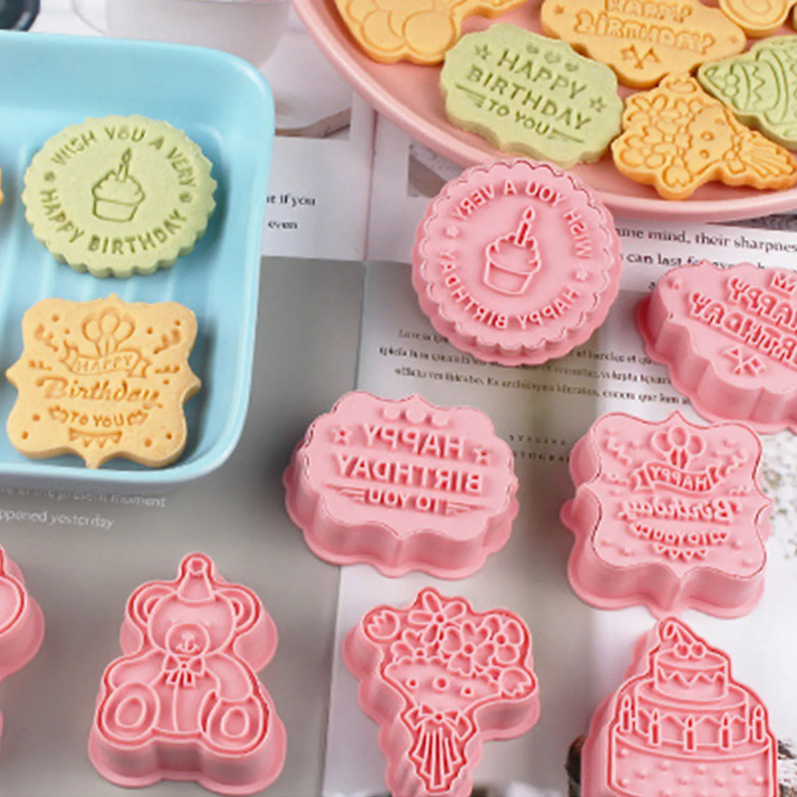 

8Pcs Happy Birthday Cookie Cutter Cartoon Embossed Fondant Cookie Stamp Biscuit Press Stencil Cookie Mold Cake Decorative Tool