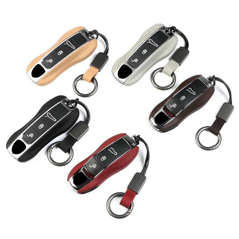 Genuine Leather Remote Key Case for Porsche 718 Cayenne Panamera 911 Macan Taycan Cayman Boxster Car Key Cover Fob Bag Keychain