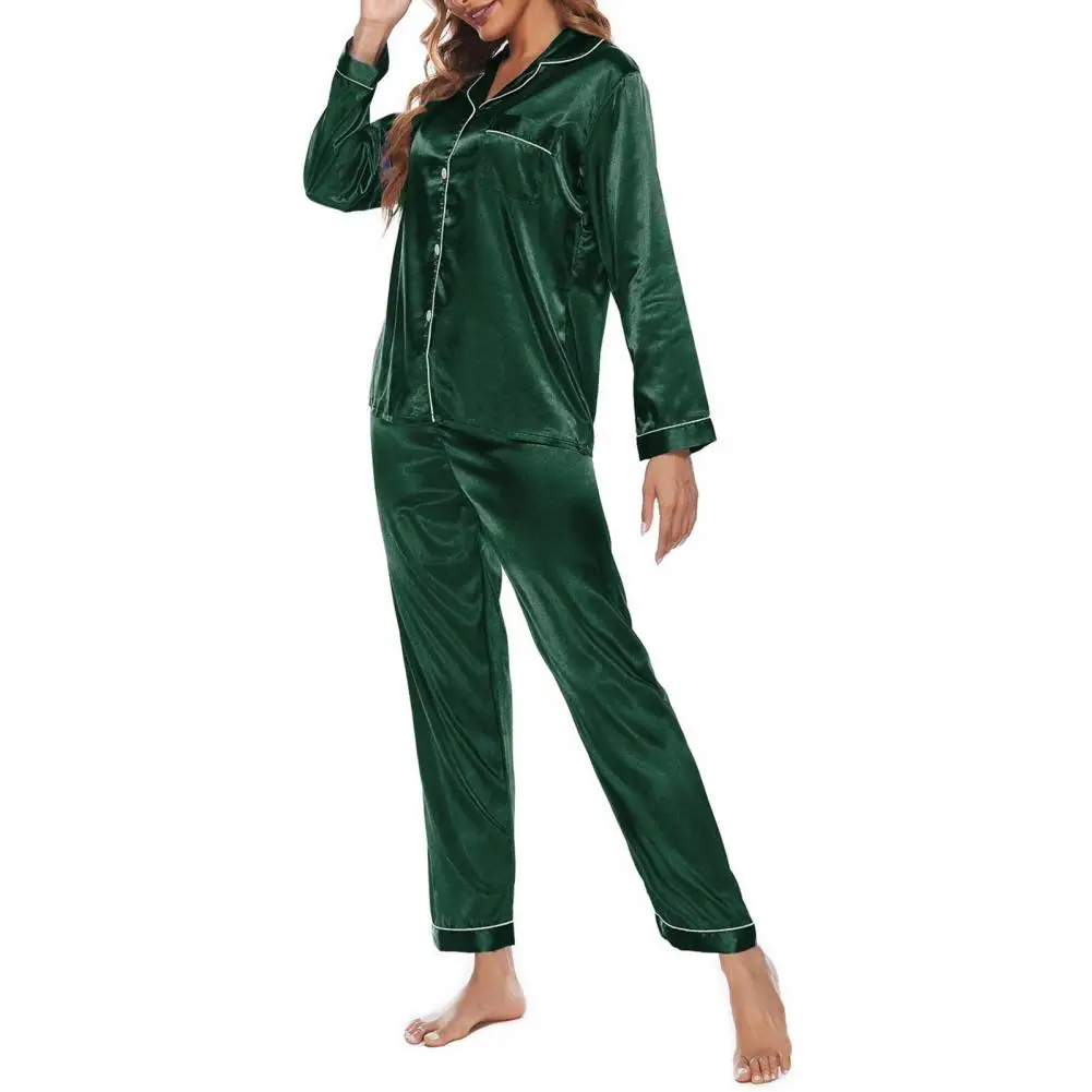 

1 Set Women Top Pants Stylish Thin Solid Color Turndown Collar Buttons Top Pants for Bedroom Women Pajamas Women Sleepwear Set
