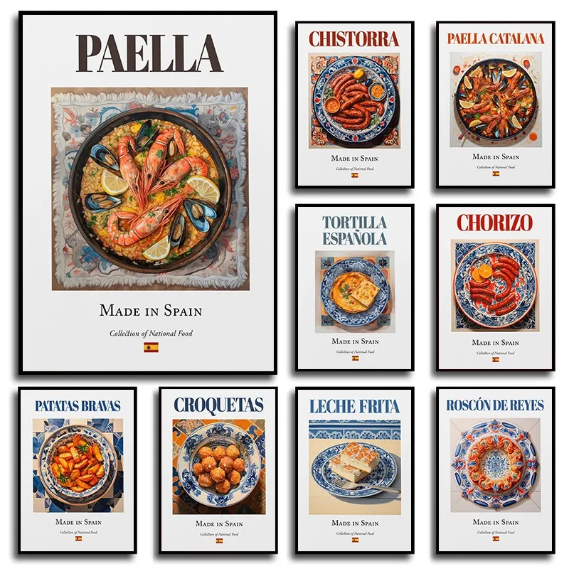 Традиционная испанская национальная пища паэлла Patatas Bravas Tortilla Постер винтажный