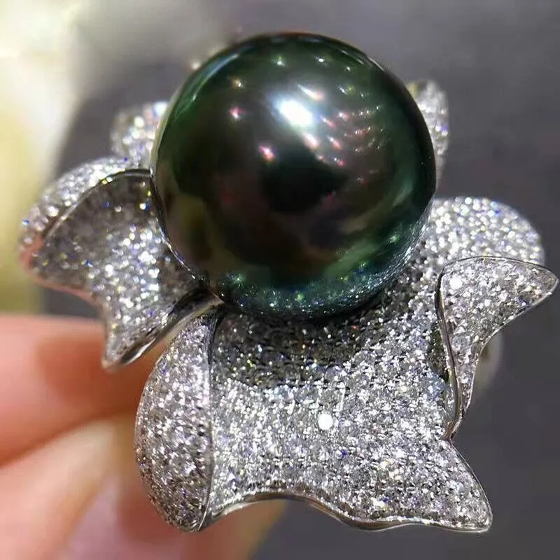 Массивное кольцо AAAA 11-12 мм с круглым натуральным черным жемчугом Южного моря