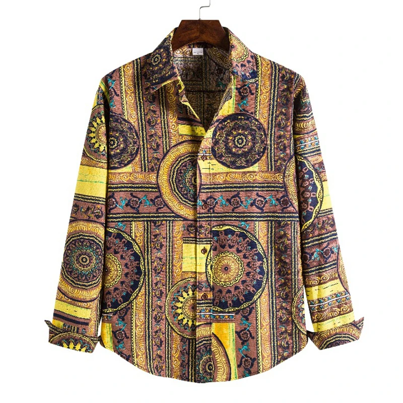 

African Ethnic Print Button Up Shirt Men 2022 Brand Long Sleeve Cotton Linen Shirt Mens Casual Harajuku Streetwear Shirts 5XL