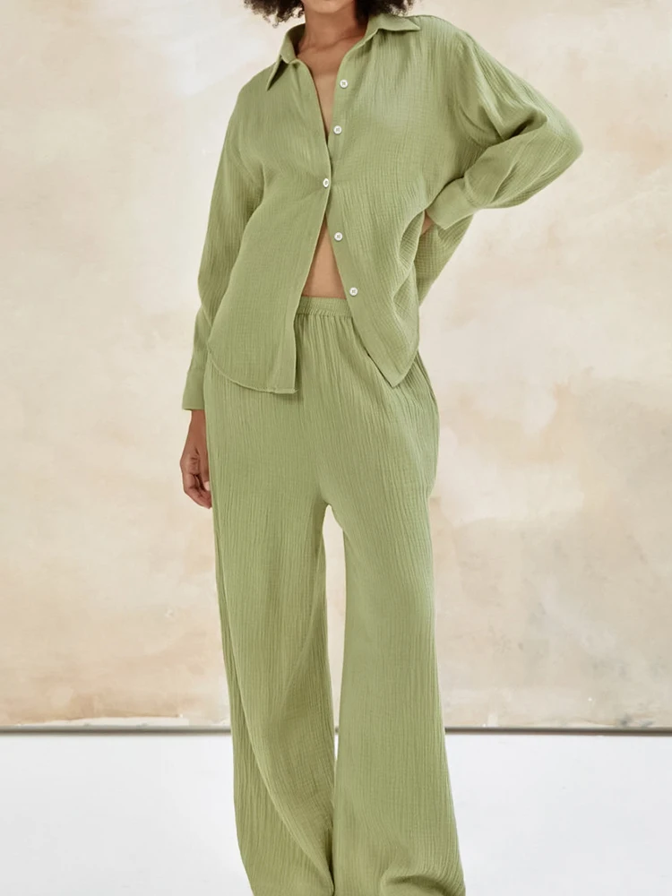 

Long Sets Sleeve Female Women's Autumn Pajamas 2022 Cotton Piece Linad Solid Casual Suits Green Sleepwear Nightwear Trouser 2