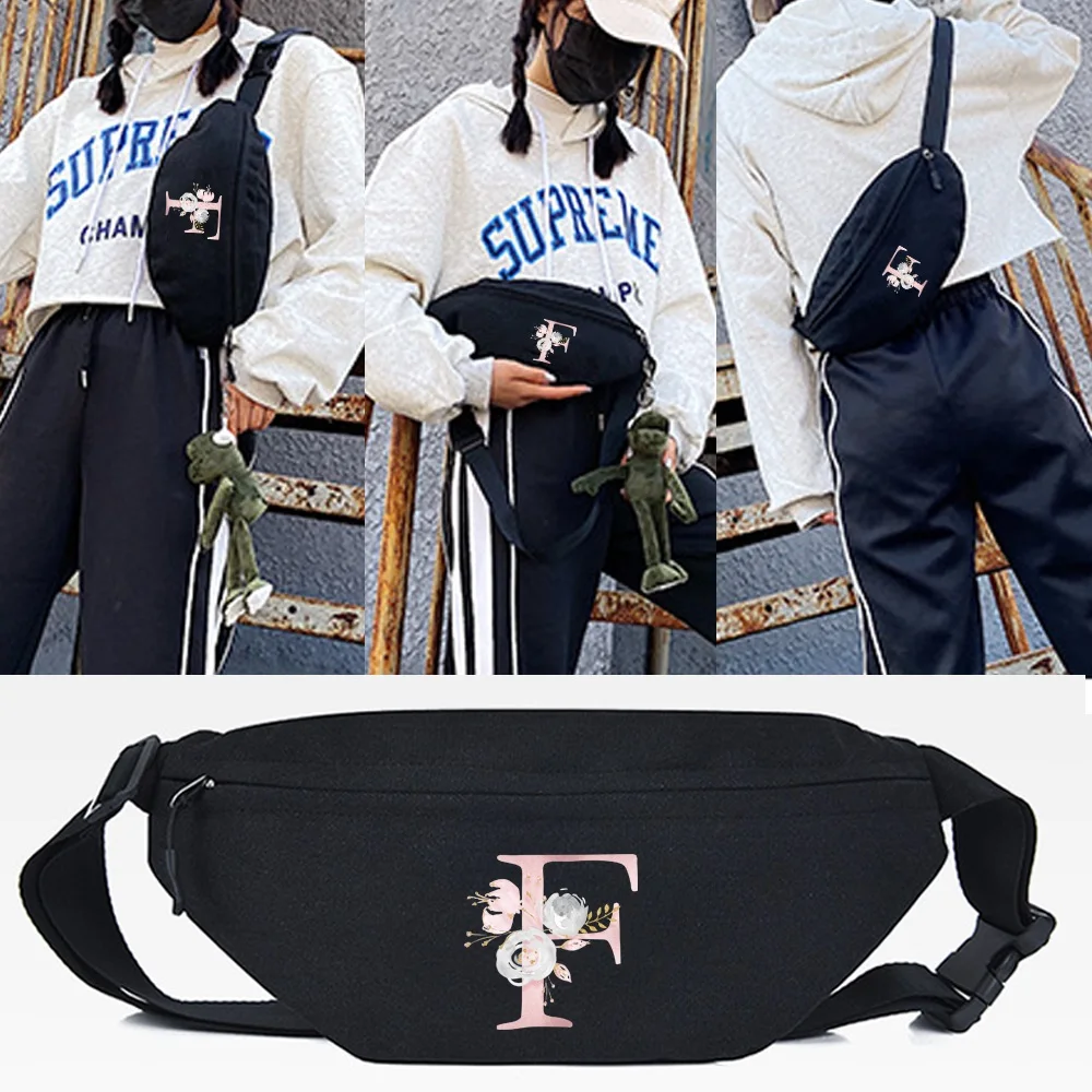 Waist Bags Ladies Fanny Pack Fashion Pink Flower F Print Street Crossbody Bag Phone Chest Bag Casual Shoulder Bum Bags Women Men