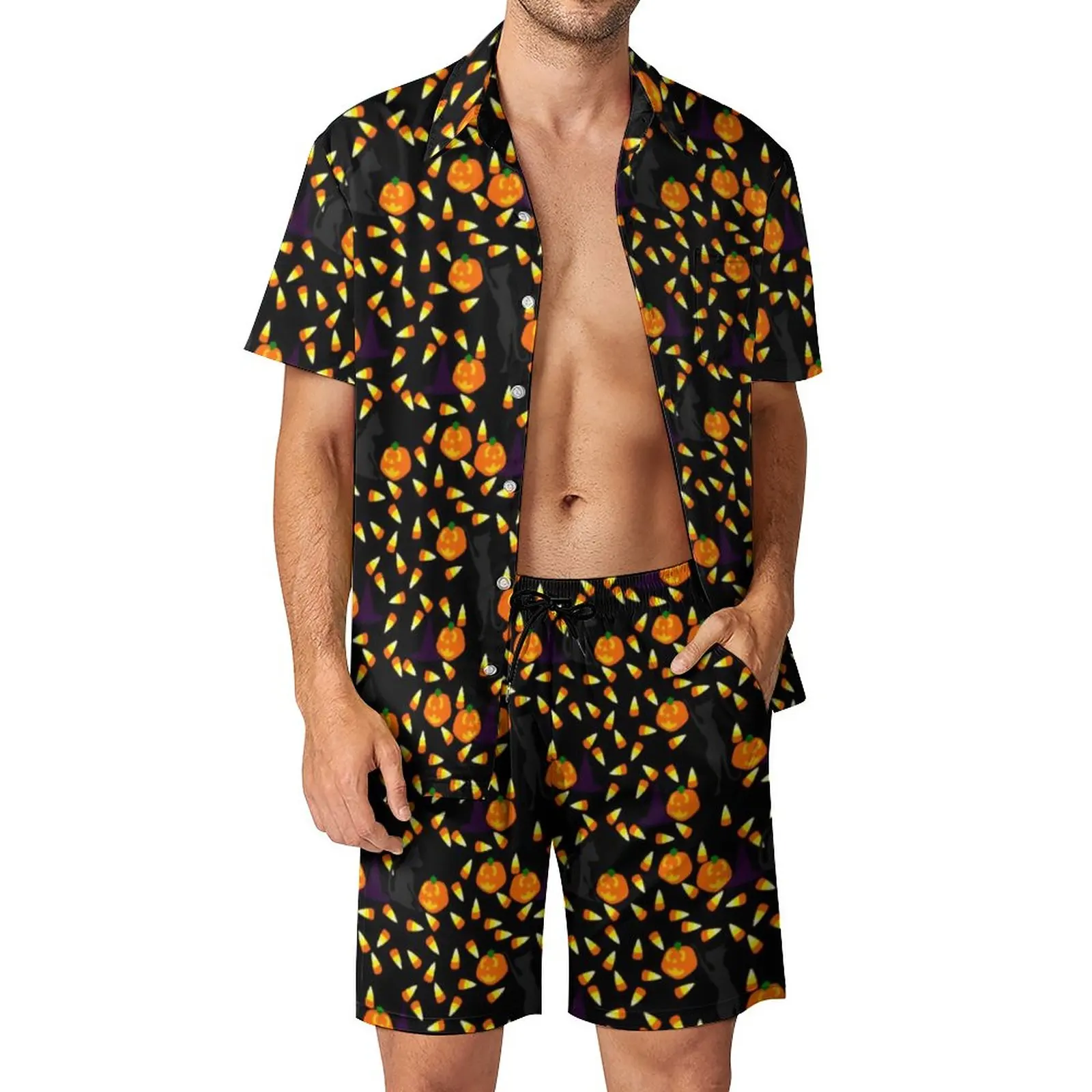 

Halloween Candy Men Sets Novelty Print Casual Shorts Summer Hawaii Vacation Shirt Set Short-Sleeve Oversized Suit Gift Idea