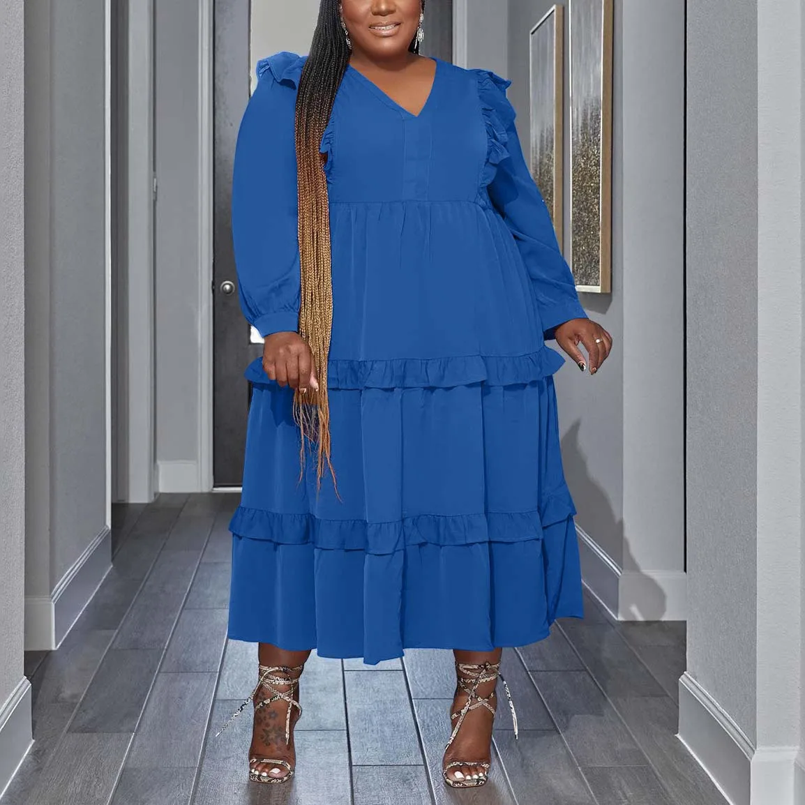 Plus Size Dresses for Women 3XL 4XL Loose Full Sleeve Solid Pullovers Mid Calf Elegant Evening Party Dinner Vestidos Mujer Dress