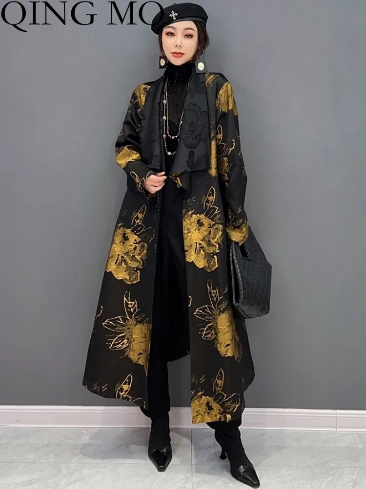 

QING MO 2023 Spring Autumn Women Wear Temperament Trench Coat Loose Mid-length Printing V collar Cardigan Coat ZXF3139