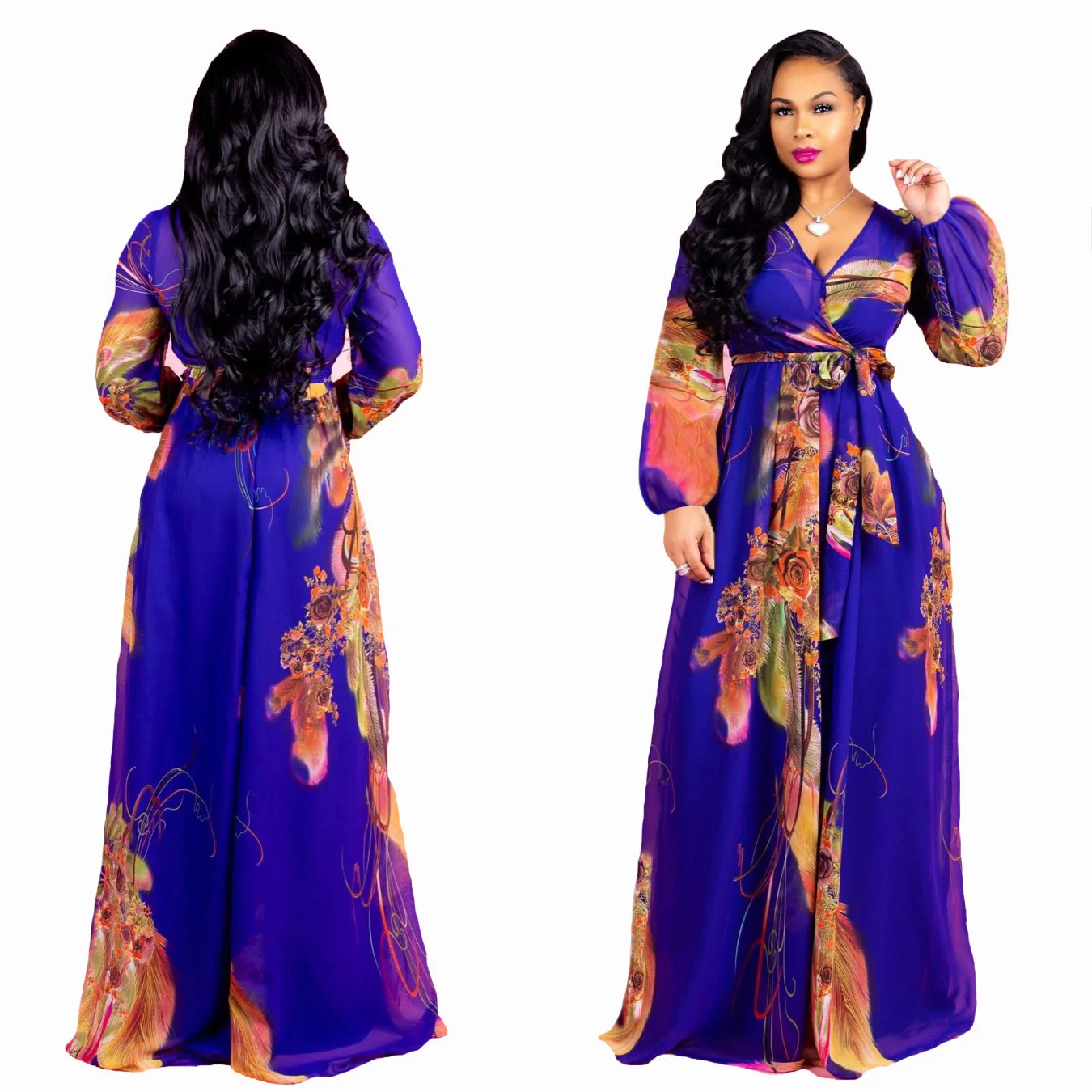

Hot Sale Digital Print V-Neck Sashes Chiffon Maxi Dresses for Women Big Swing Dresses Boho Dress Vestidos Elegantes Para Mujer