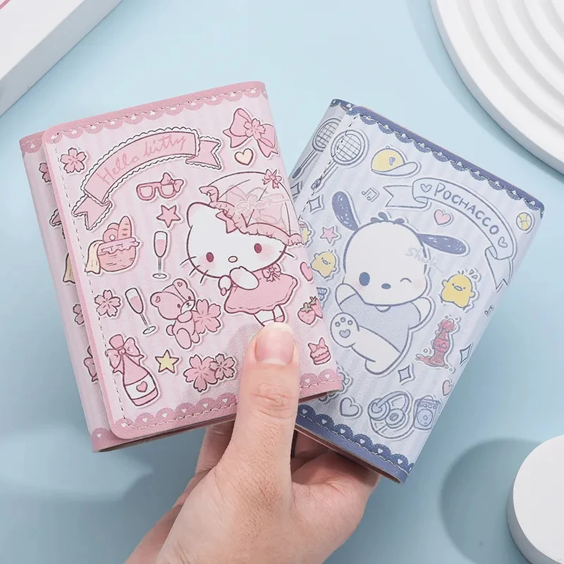 Розовый кошелек Hello Kitty с героями мультфильмов милый тройной кожаный из