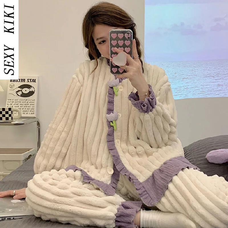 Cute princess style coral fleece pajamas women's winter thickened plus velvet long-sleeved autumn and winter suit home service