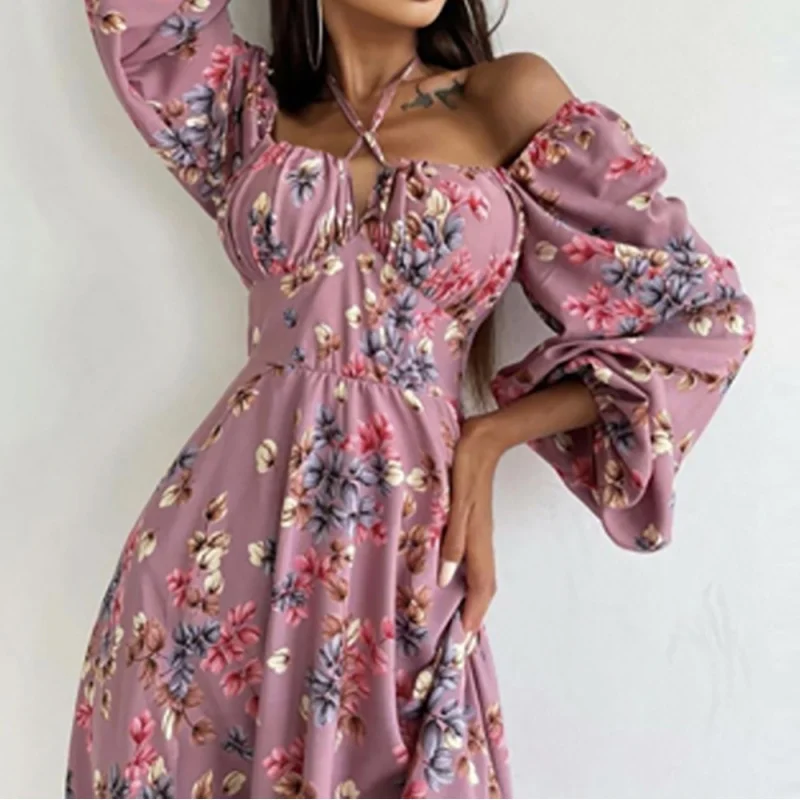 

2022Trendy Floral-Print off-Shoulder Long Sleeve Slit Dress