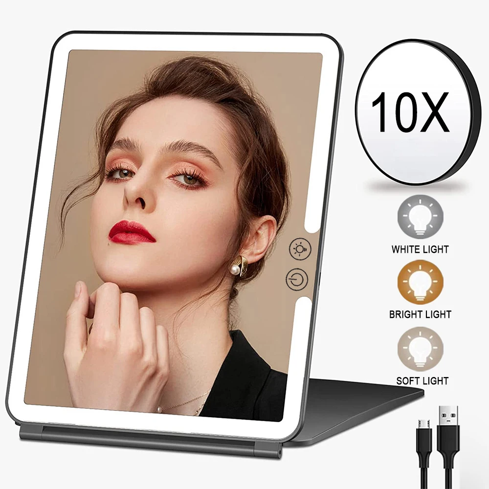 

10x Magnifying With Led Light Mirror Bath Bedroom Portable Foldable Travel Desk Vanity Table Makeup Tools Lighted Makeup Mirrors