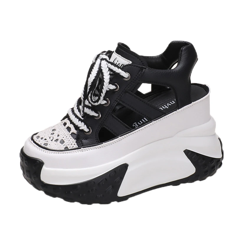 10CM Hollow Summer Sandals Wedge Heels Leather Sneakers Women High Platform Beach Flip Flops Casual Breathable Walking Slippers