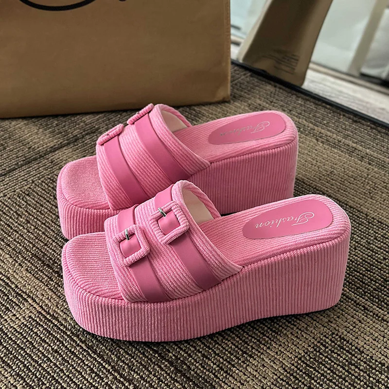 

Square Head Platform Slippers Belt Buckles Corduroy Open-toe Women Sandals Summer New 2023 Designer Shoes Fashion Wedge Sandals