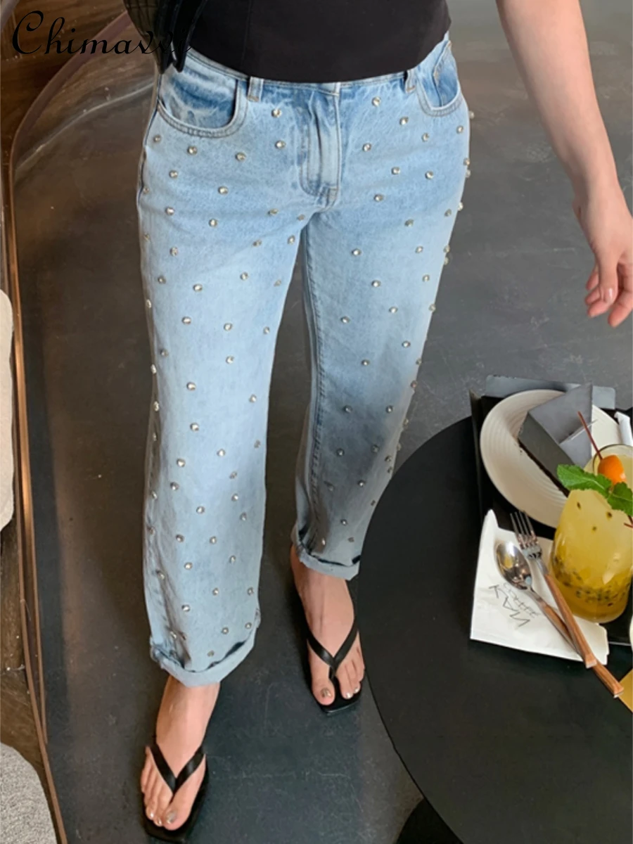 Women's Fashion Elegant Simple Rhinestone Jeans Ladies 2022 Summer New High Waist Straight Loose Retro Trends Harem Denim Pants