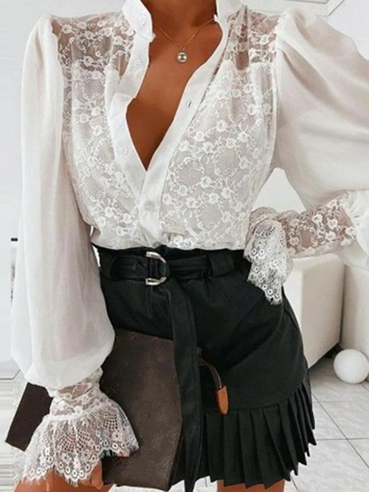 

Spring Stand Collar Button Office Blouses Women Sexy Embroidery Lace Patchwork Chiffon Shirts Summer Flare Sleeve Lady Top Mujer