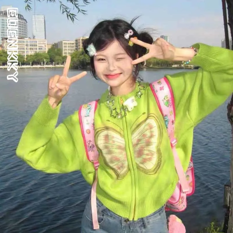 Y2k жаккардовый кардиган с бабочками на молнии Женский вязаный в Корейском стиле